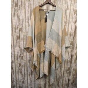 Tahari Womens Poncho Fringed Plaid Blue Brown Layering Shawl Boho Chic NWT